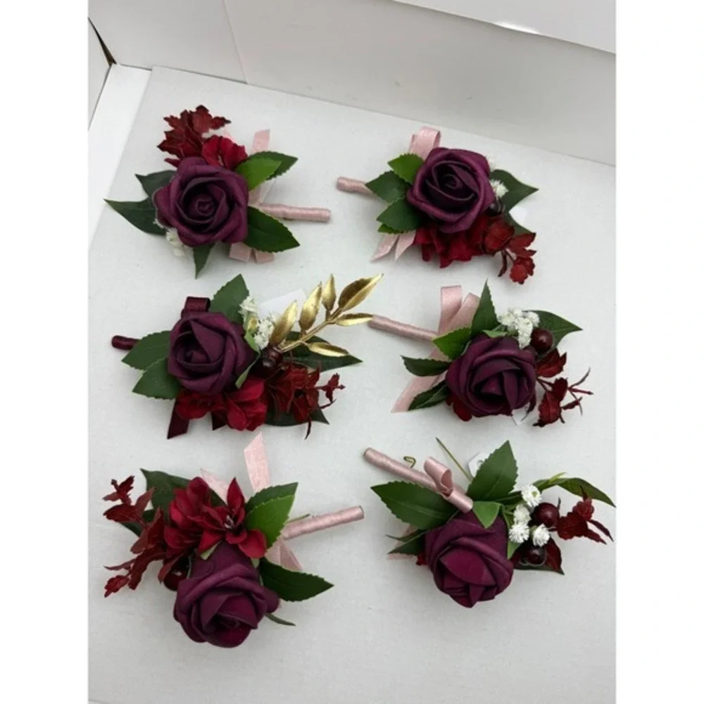 6pc Burgundy Plum‎ Rose Boutonniere Set Wedding Groomsmen Gold Leaf Silk Flowers